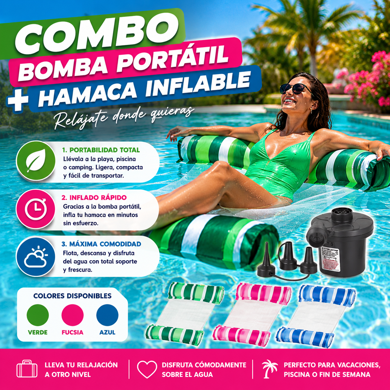 Combo Hamaca Inflable y Bomba Portátil